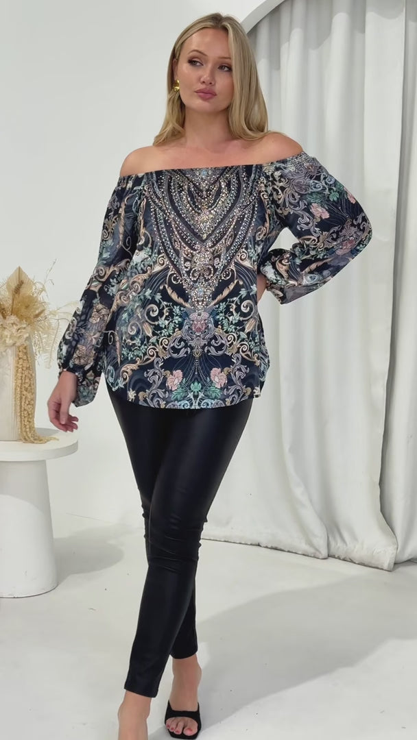 Jessie Gem Embellished Top - Charcoal Black Print