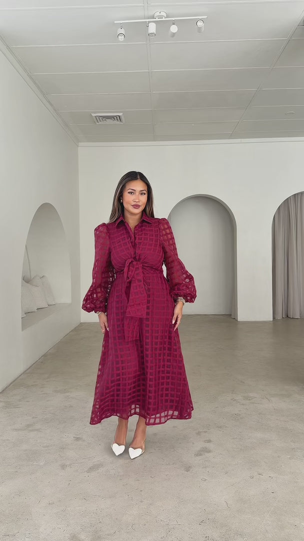 Zoeva Long Sleeve Maxi Dress - Wine Check Organza