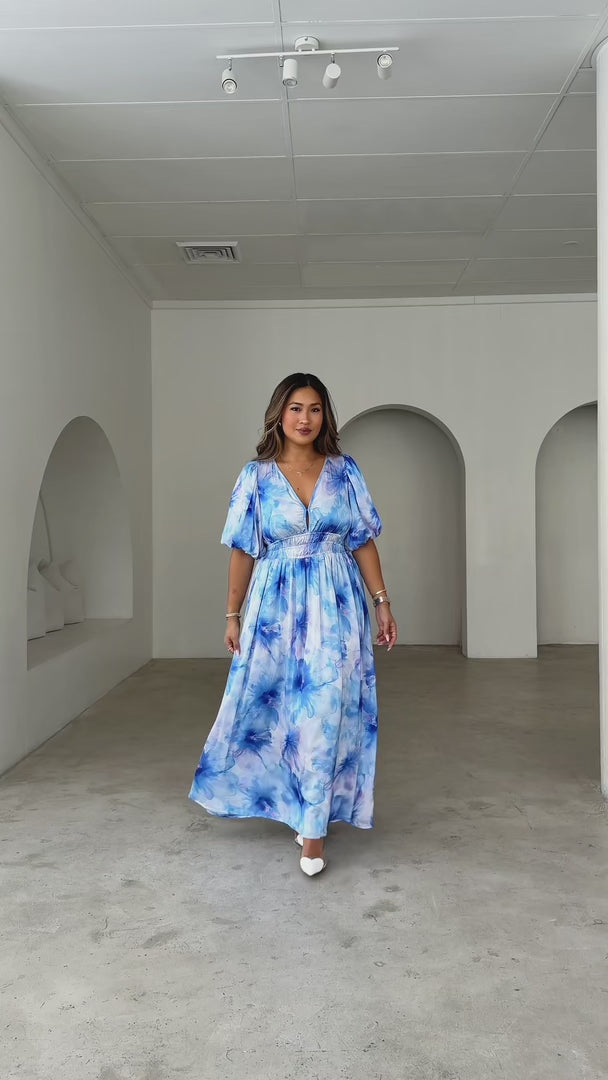 Monique Puff Sleeve Maxi Dress - Blue Floral