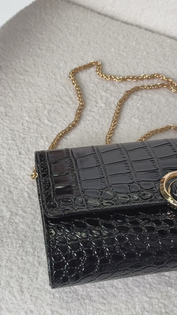 Gretta Croc Texture Clutch Bag - Black