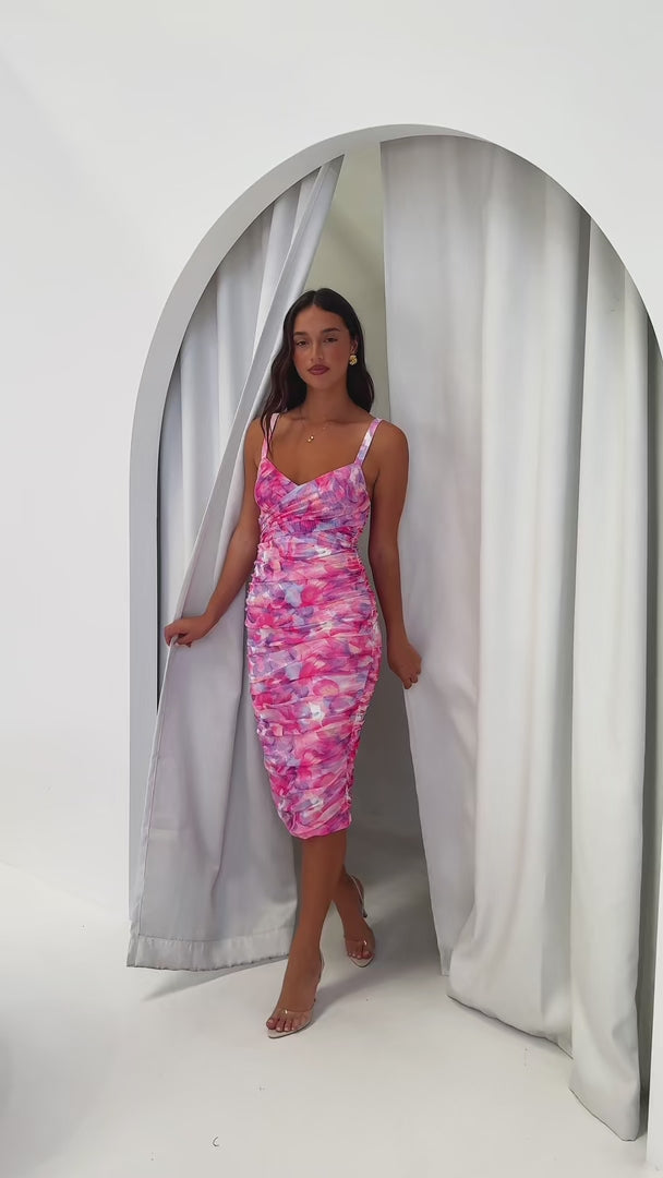 Calina Mesh Midi Dress - Pink Lilac Floral