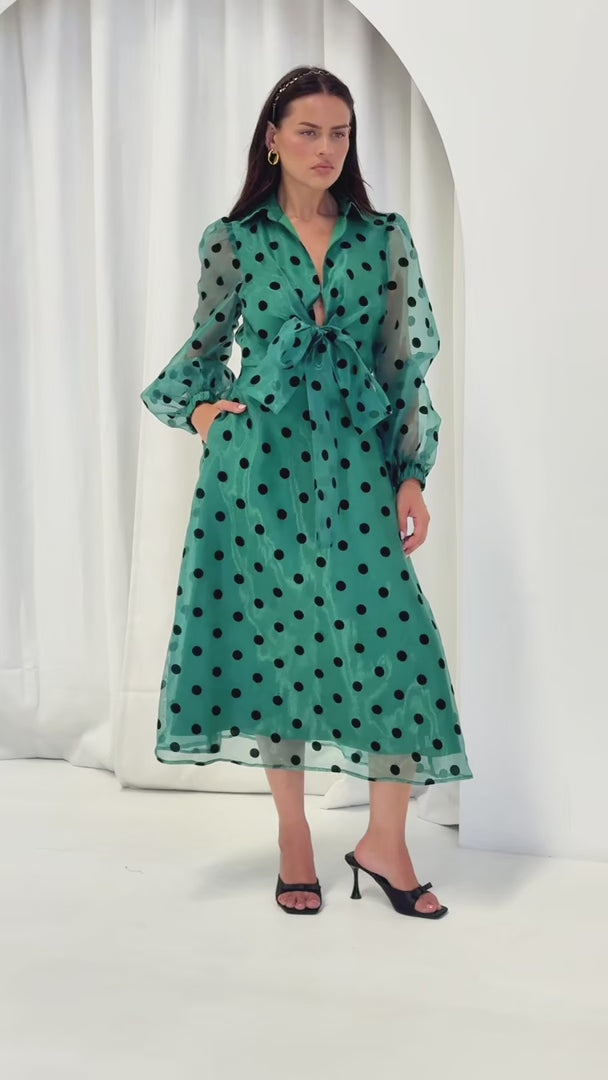 Zoeva Long Sleeve Maxi Dress - Emerald Green Polka Dot