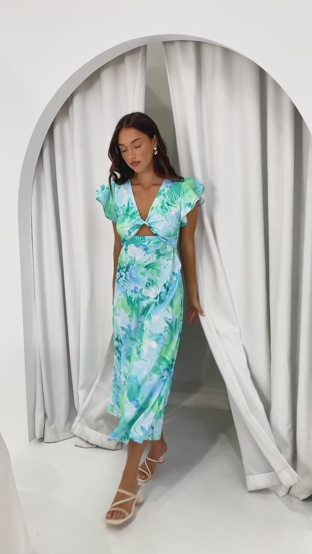 Kamala Flutter Sleeve Maxi Dress - Blue Green Floral