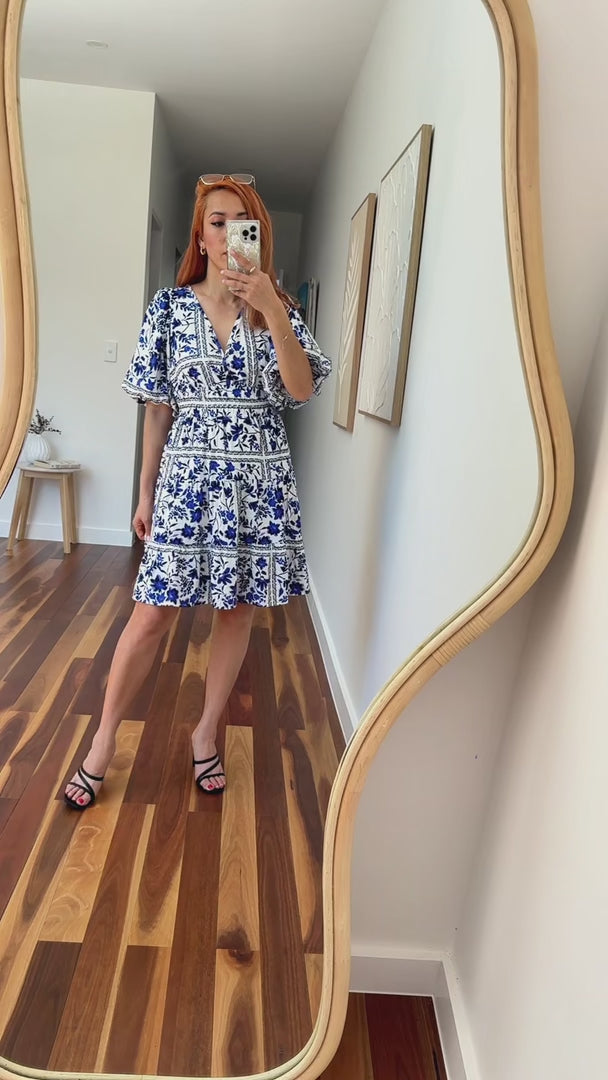 Monique Puff Sleeve Dress - White Blue Floral
