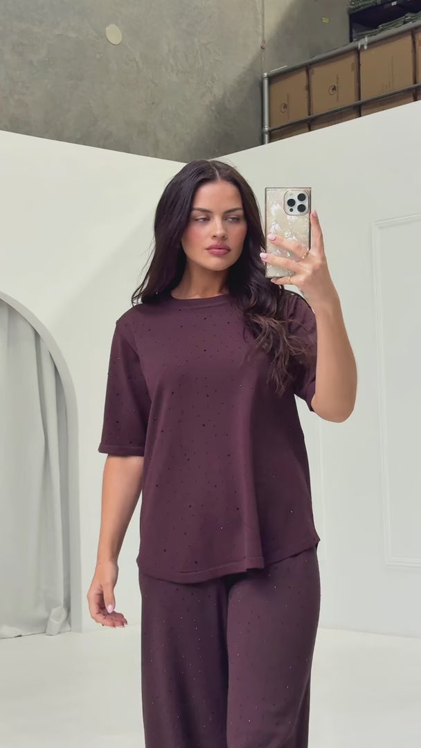 Kenzia Diamante Knit Top - Chocolate Brown
