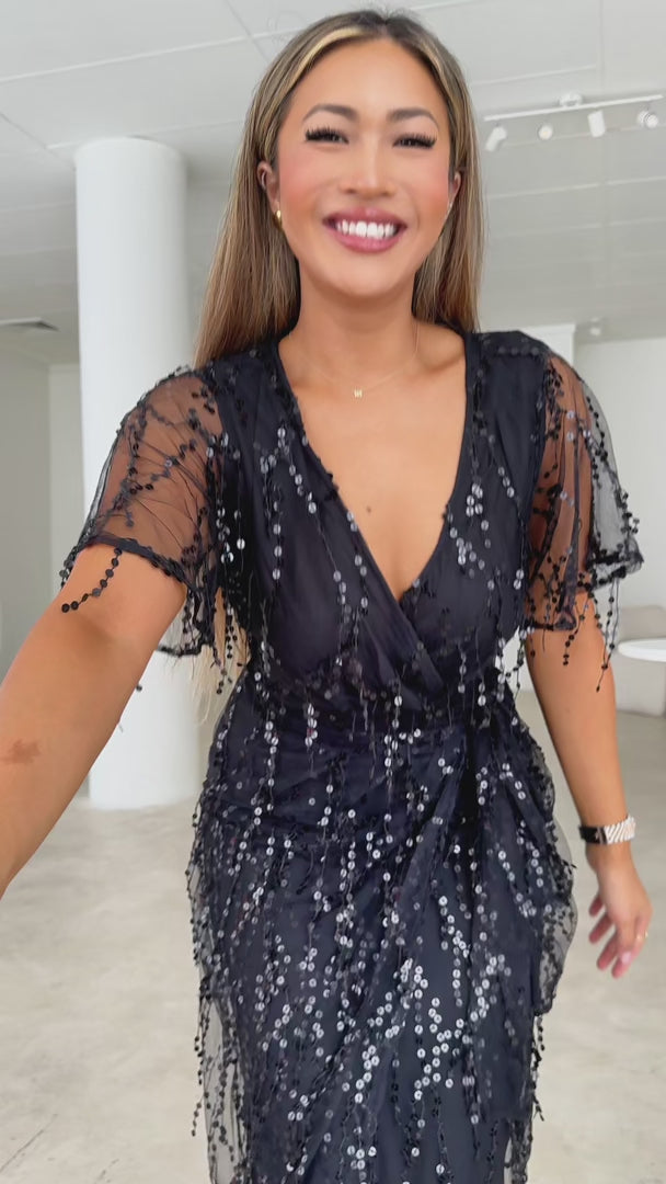Fireworks Sequin Midi Dress - Black