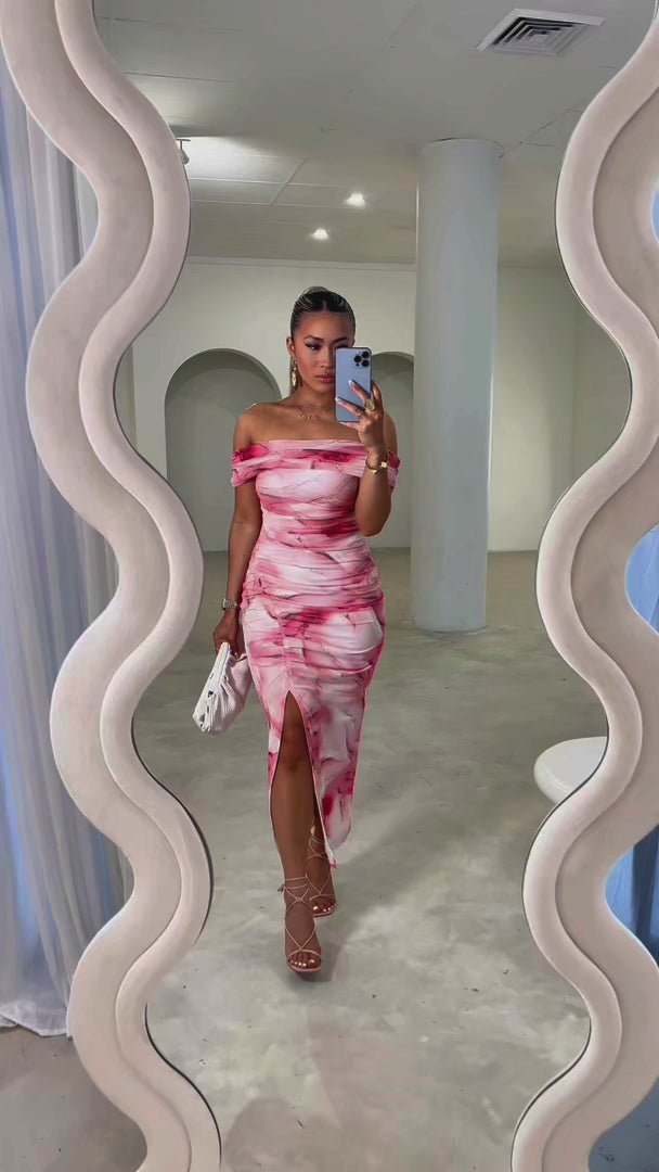Elka Mesh Midi Dress - Pink Gold Marble Print