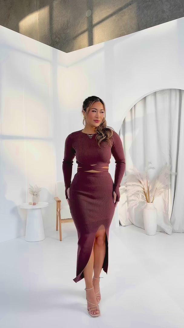 Araya Knit Split Midi Skirt - Chocolate Brown