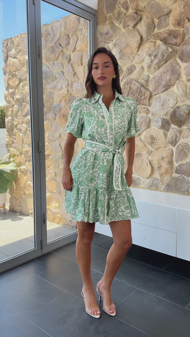Doneth Mini Dress - White Green Print