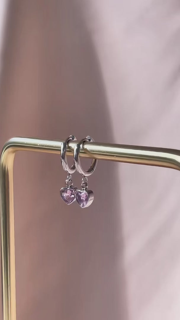 Odin Dainty Hoop Charm Earrings - Silver Pink Heart Diamante