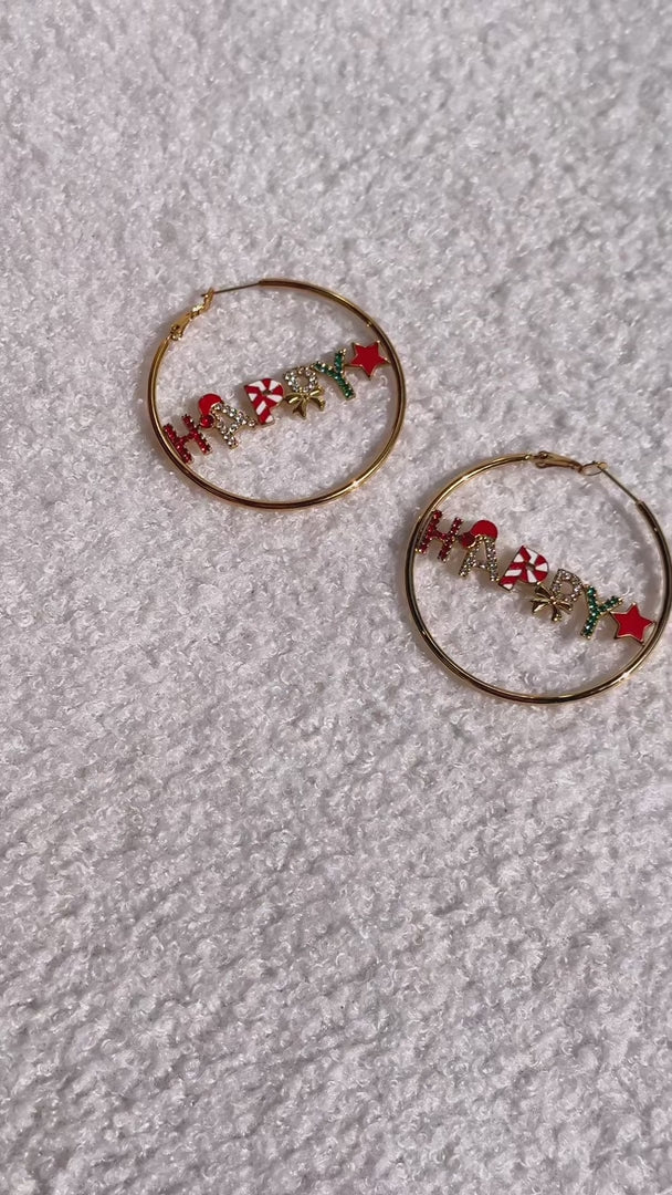 Happy Christmas Hoop Earrings - Big Gold Happy
