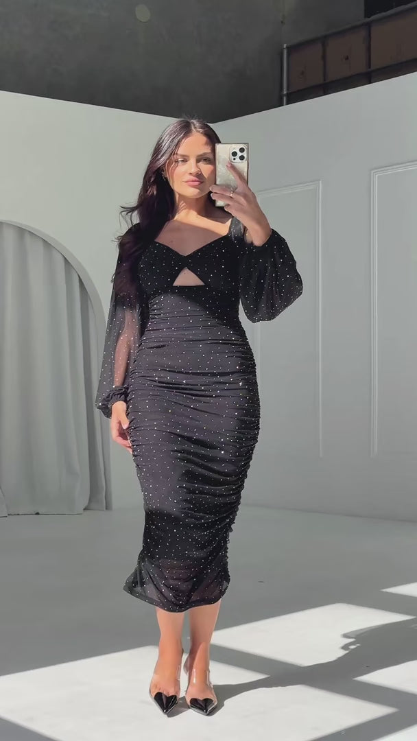 (PREORDER) Jolie Mesh Midi Dress - Black Embellished