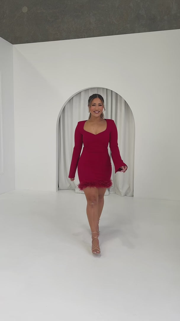 Oscar Feather Trim Mini Dress - Wine Red