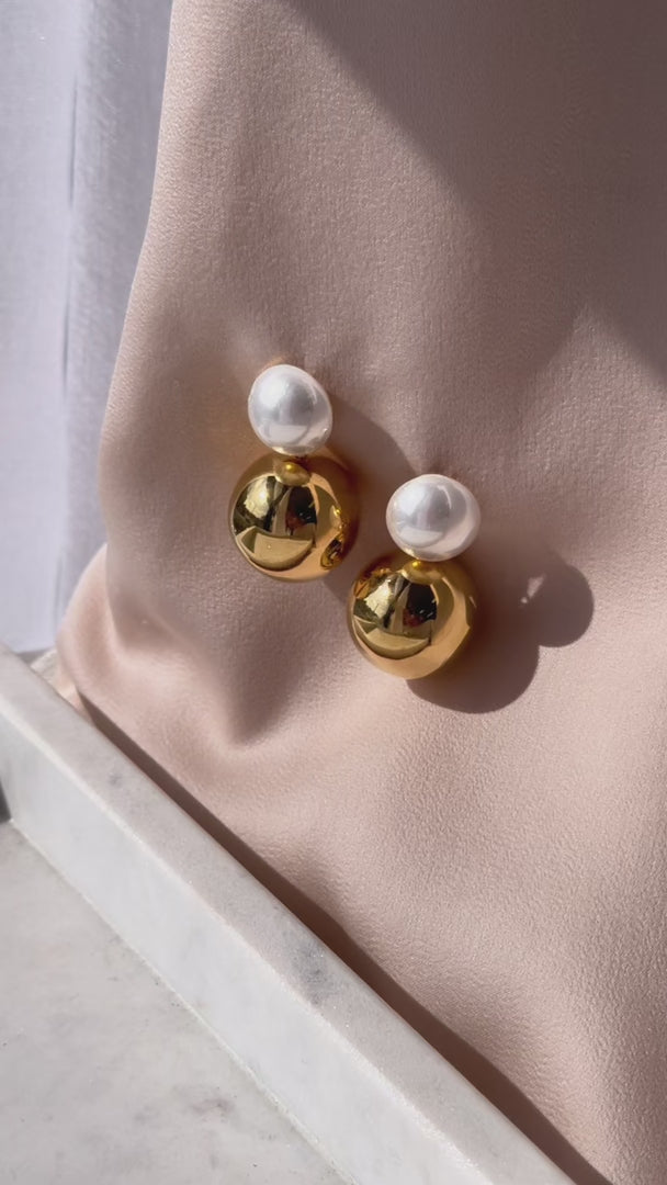 Perla Drop Stud Earrings - Gold Round Pearl Ball