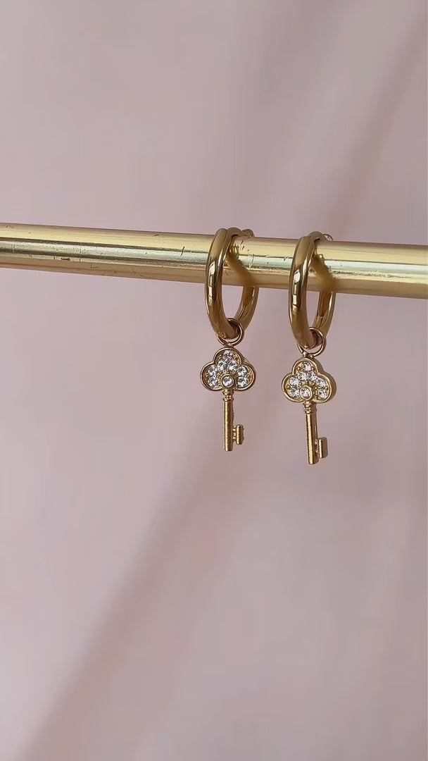 Akito Dainty Hoop Charm Earrings - Gold Key Diamante