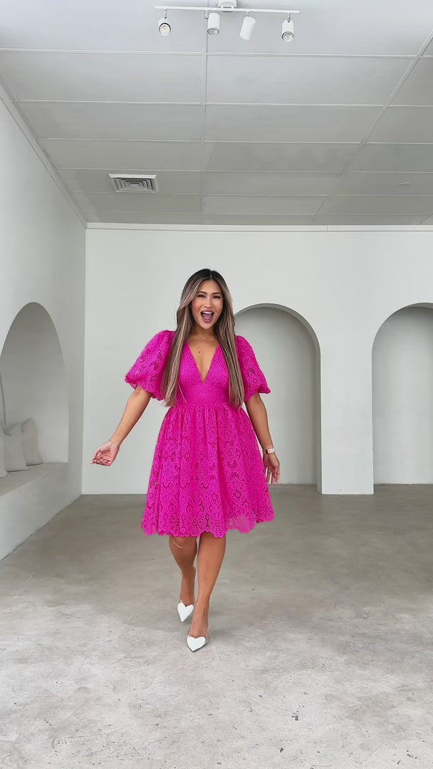 Hazelle Floral Lace Dress - Hot Pink