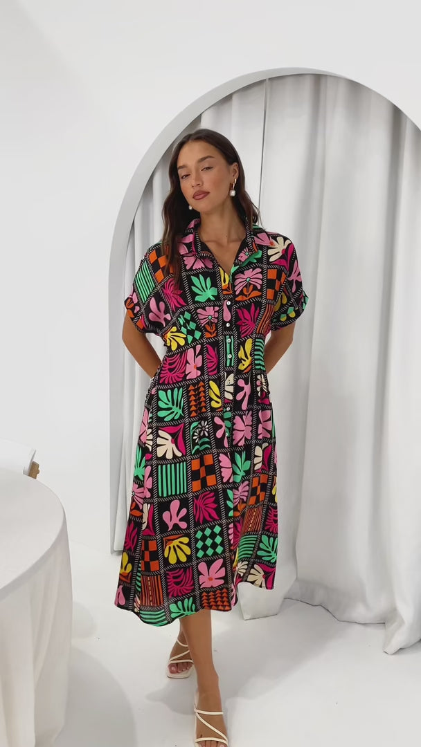 Rainier Midi Dress - Black Multi Print