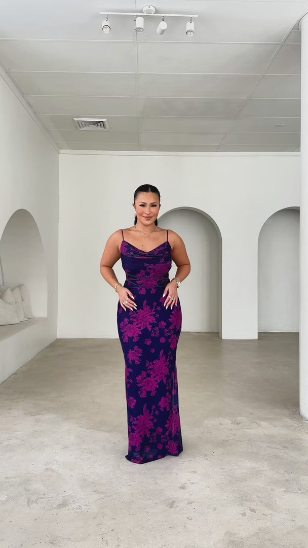 LIZZIE COWL NECK LACE UP WAIST TIE DETAIL MESH BODYCON MAXI