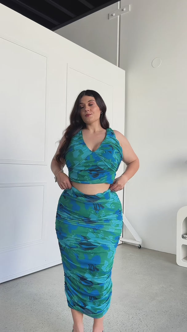 Melody Mesh Midi Skirt - Green Blue Print