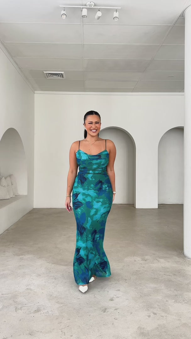 Lizzie Mesh Maxi Dress - Green Blue Print