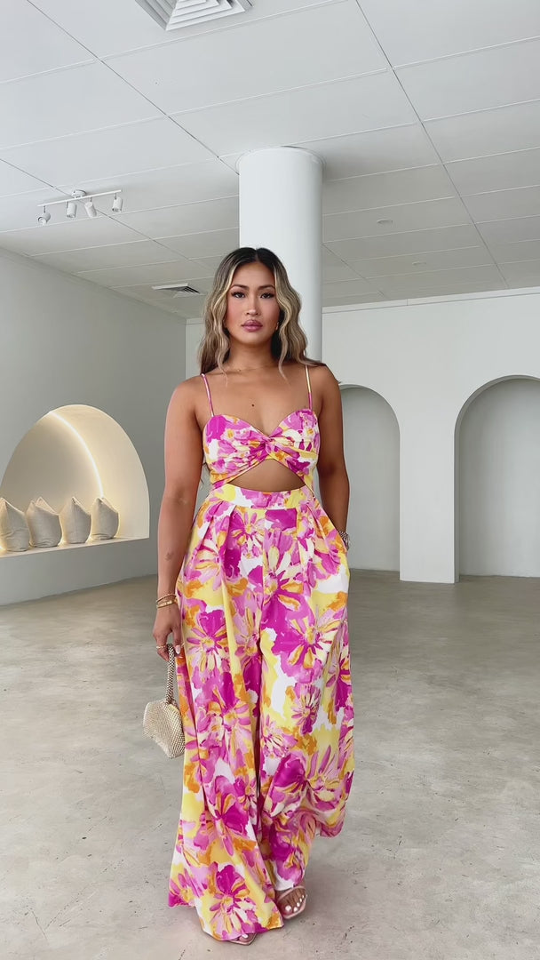 Waiting For You Wide Leg Jumpsuit - Pink Yellow Floral