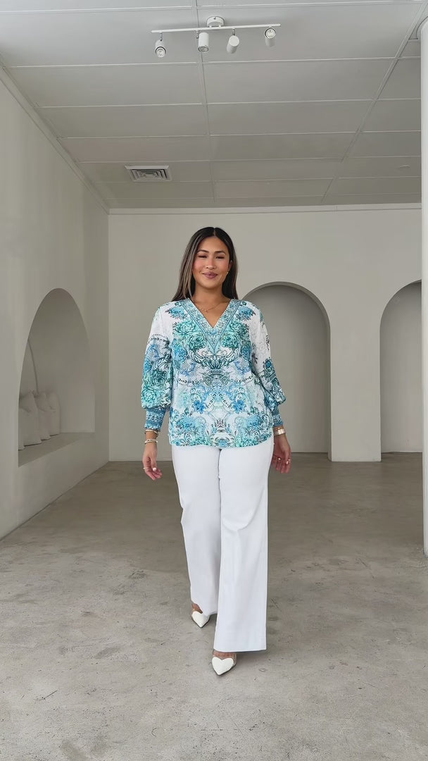 Amara Gem Embellished Top - Turquoise Blue Multi Print