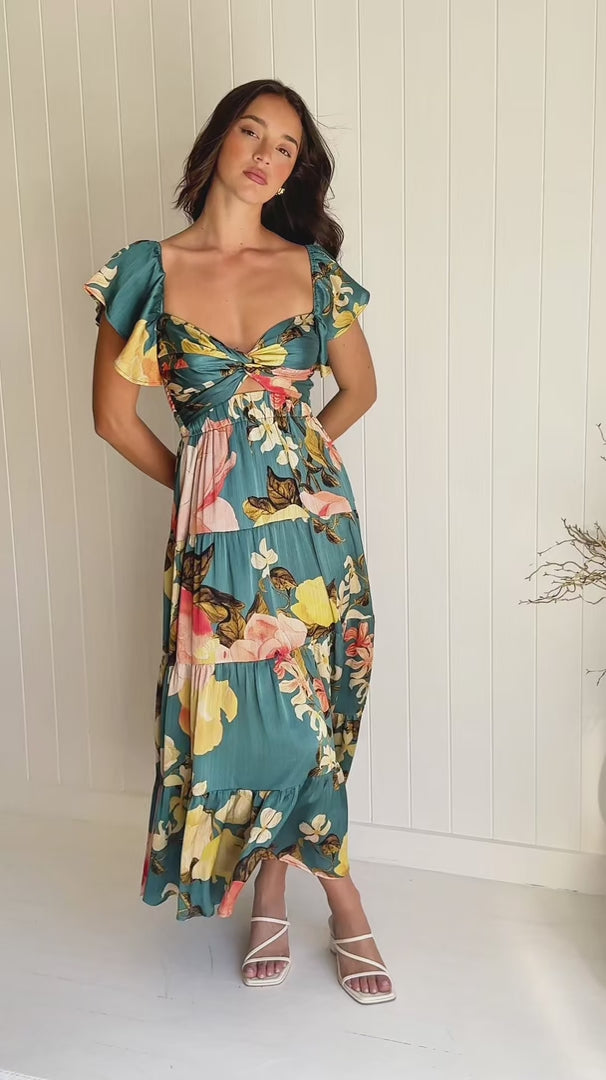 Odessey Shirred Back Panel Maxi Dress - Teal Green Floral