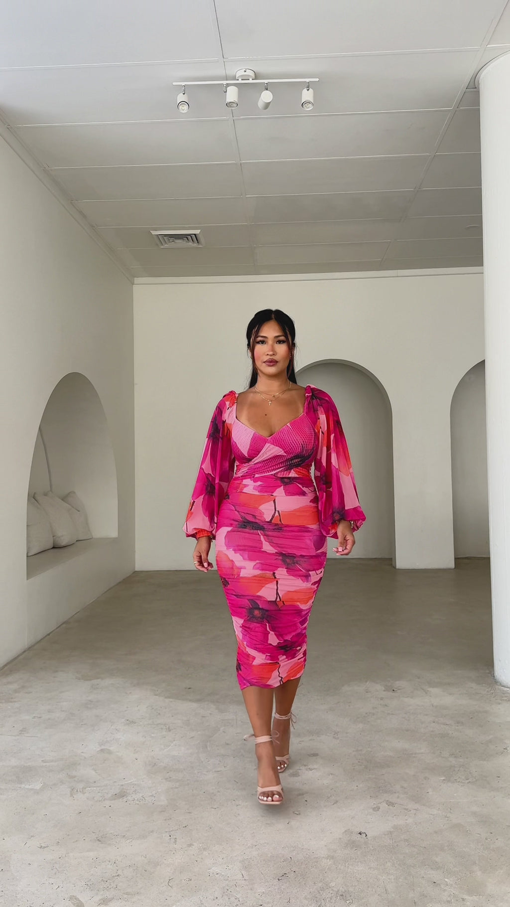 Calissa Mesh Midi Dress - Pink Floral