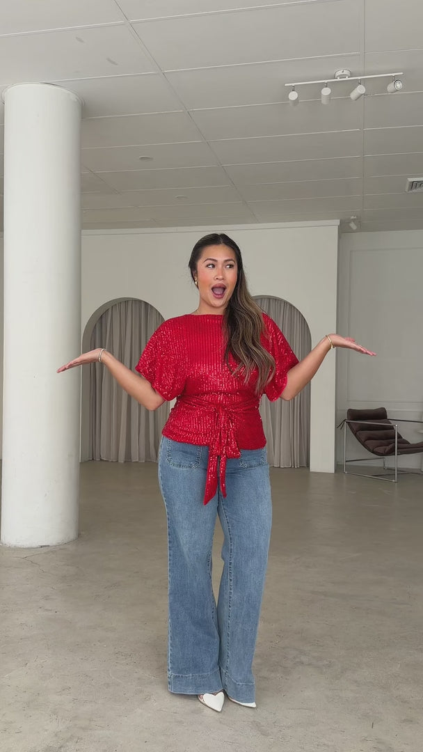 Monaco Sequin Wrap Top - Red