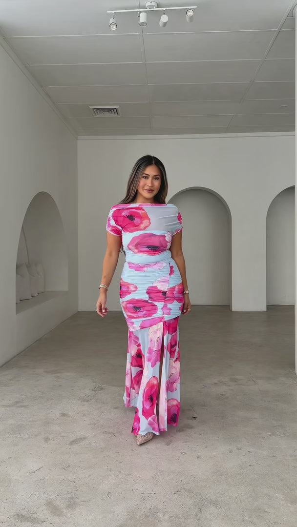 Eridania Mesh Maxi Dress - Blue Pink Floral