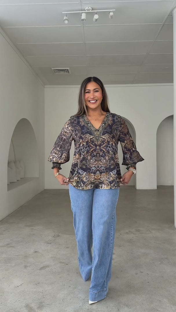 Amara Gem Embellished Top - Charcoal Gold Multi Print