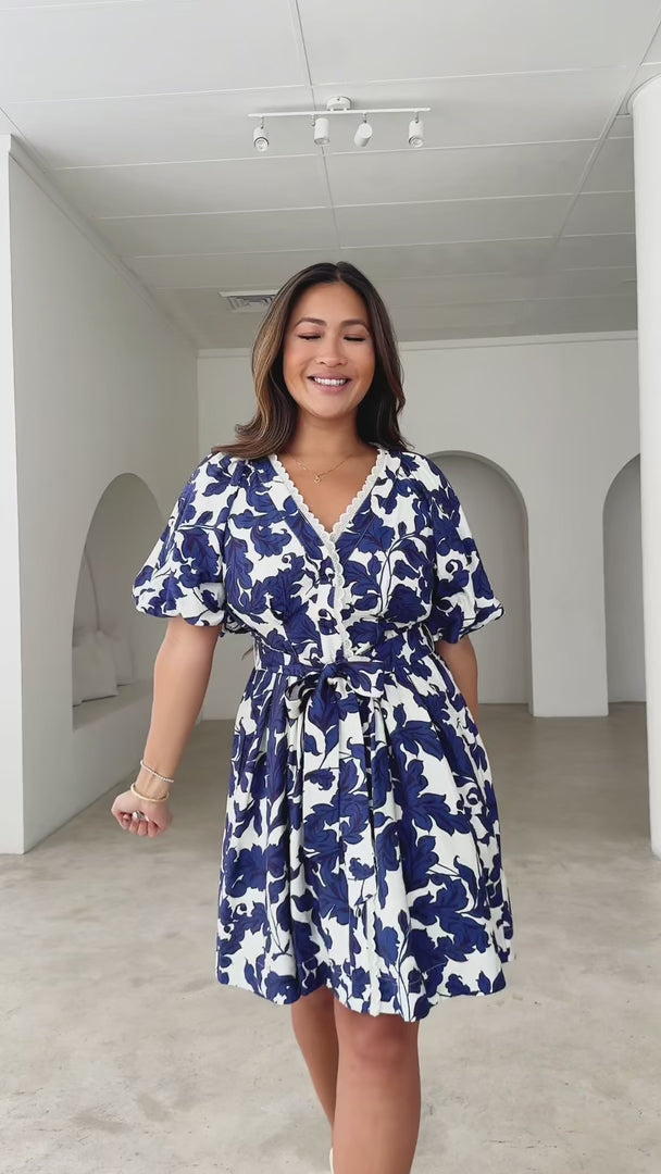 Emory Mini Dress - Cream Navy Floral