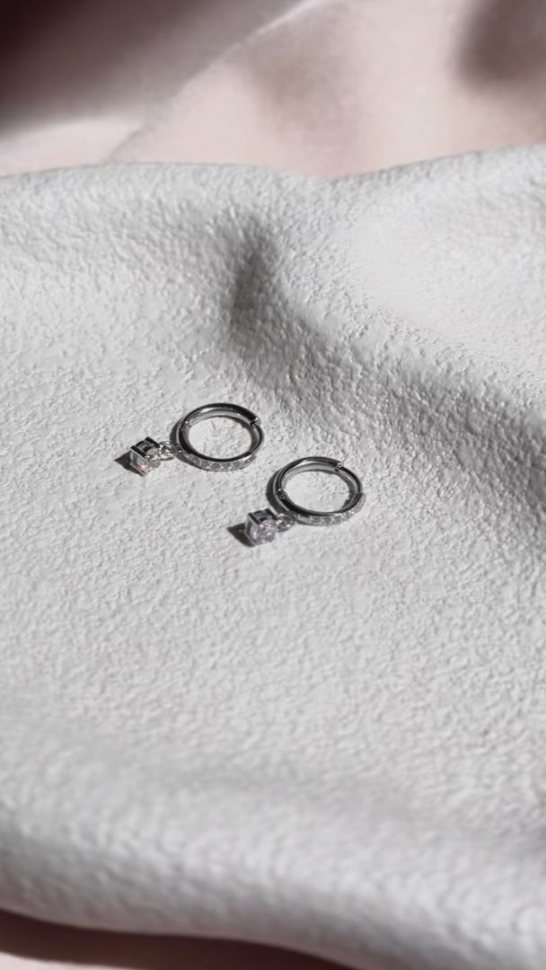 Ebbe Dainty Hoop Charm Earrings - Silver Diamante