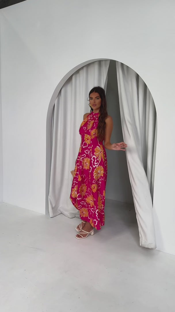 Zariko Maxi Dress - Hot Pink Orange Floral