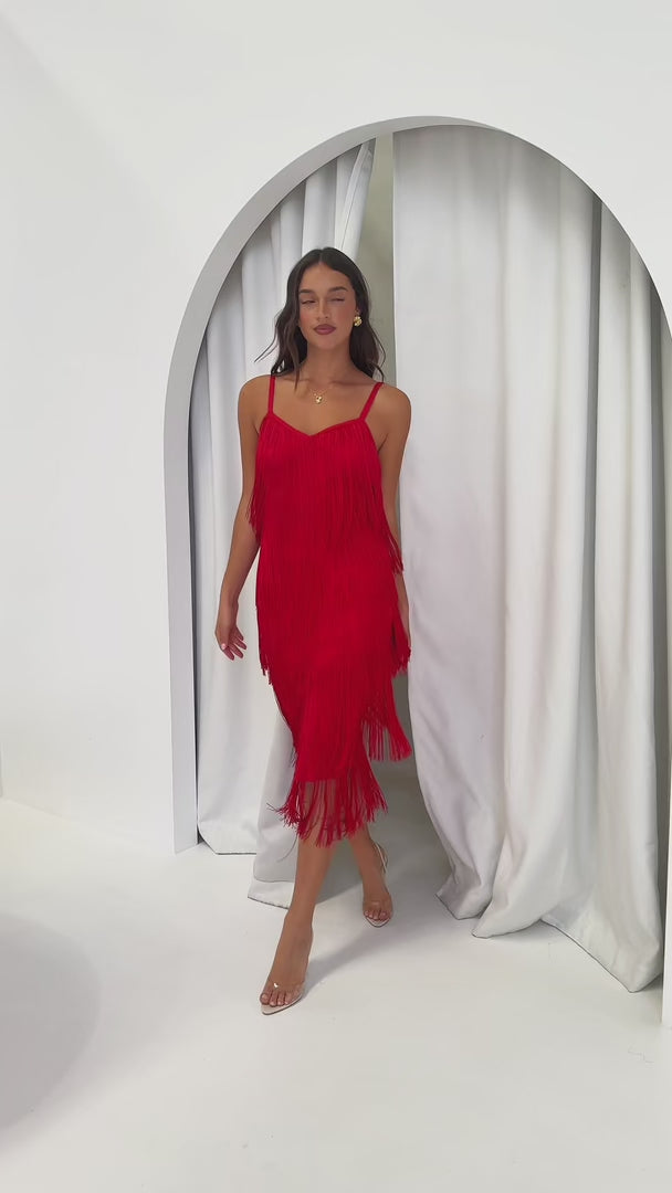 You Found Me Fringe Tassel Maxi Dress - Red