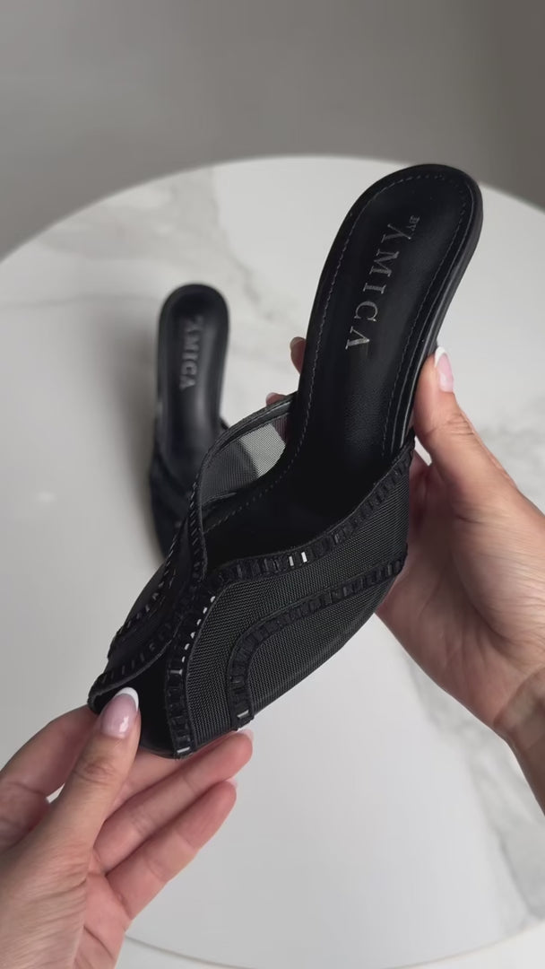Ziva Mesh Mule Heels - Black Diamante