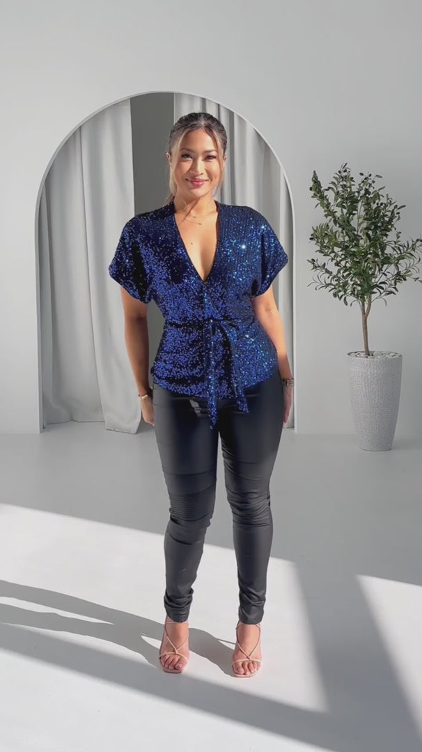 Monaco Sequin Wrap Top - Blue Black