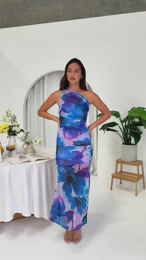 PALOMA ONE SHOULDER RUCHED MESH BODYCON MAXI DRESS - PURPLE BLUE