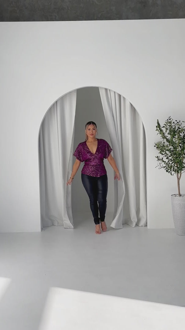 Monaco Sequin Wrap Top - Purple Plum