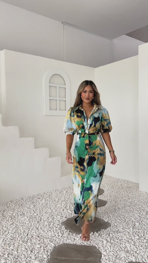Augustine Short Sleeve Maxi Dress -  Blue Green Abstract Print