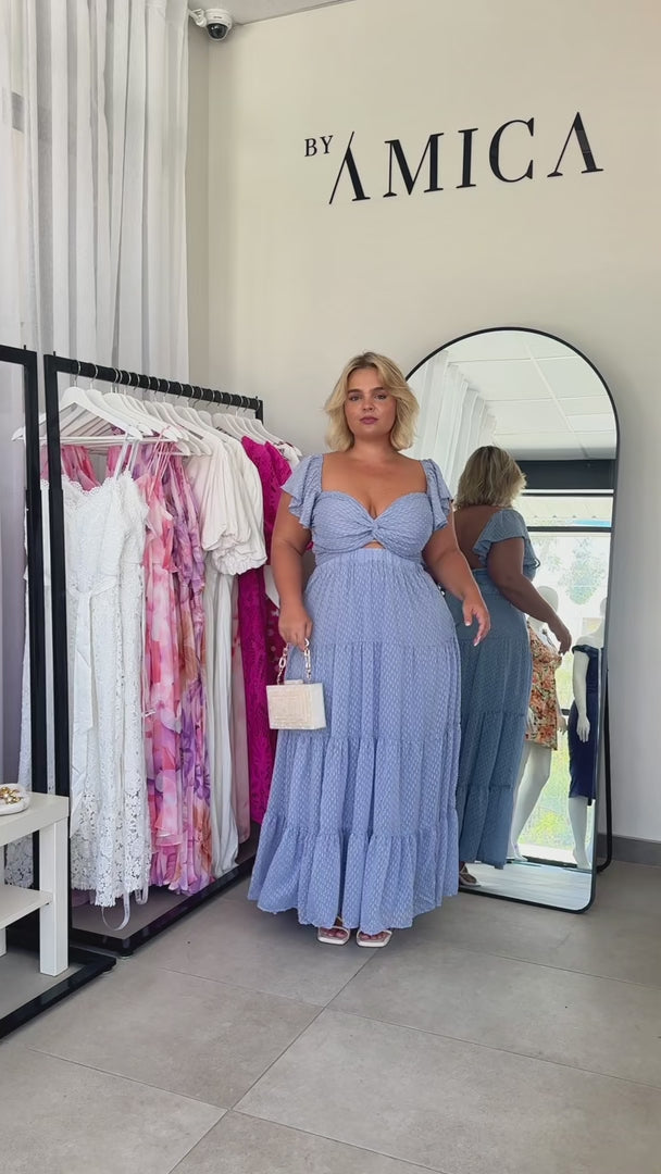 Odessey Tie Up Back Maxi Dress - Dusty Blue Texture