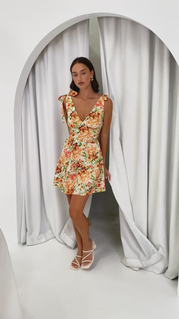 Aretha Tie Up Strap Mini Dress - Yellow Orange Floral