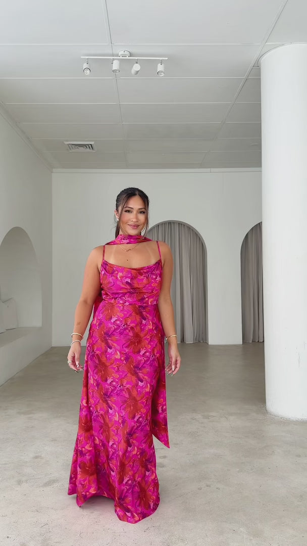 Emmaline Scarf Maxi Dress - Berry Hot Pink Floral