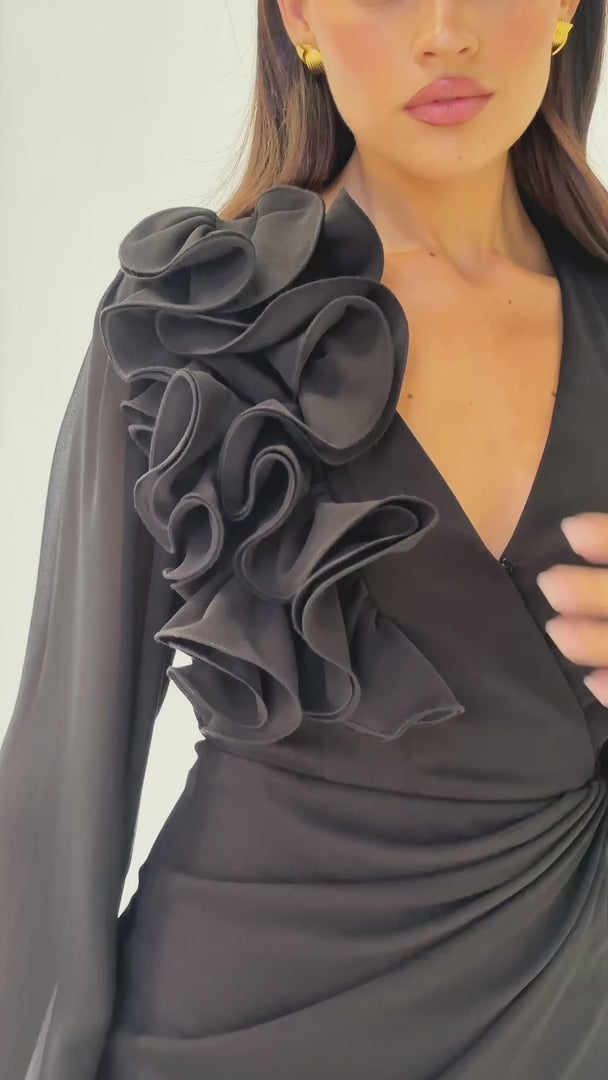 Rosaline Long Sleeve Midi Dress - Black