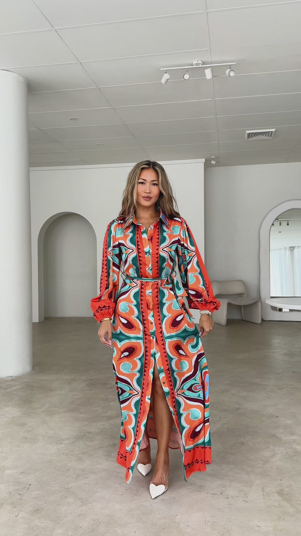 Augustine Long Sleeve Maxi Dress -  Orange Green Multi Print
