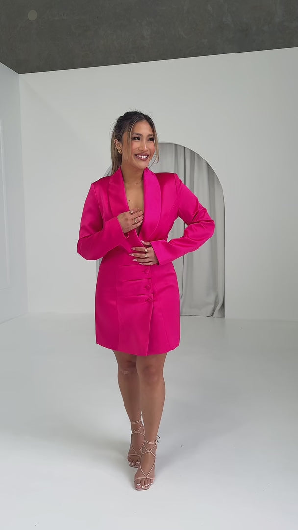 Jude Satin Blazer Mini Dress - Hot Pink