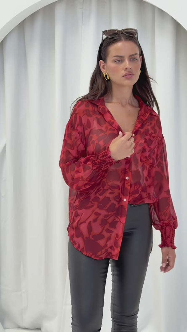 Veronica Shirt Blouse - Burnt Red Orange Floral
