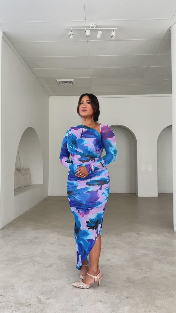 Batalon Mesh Maxi Dress - Purple Blue Floral