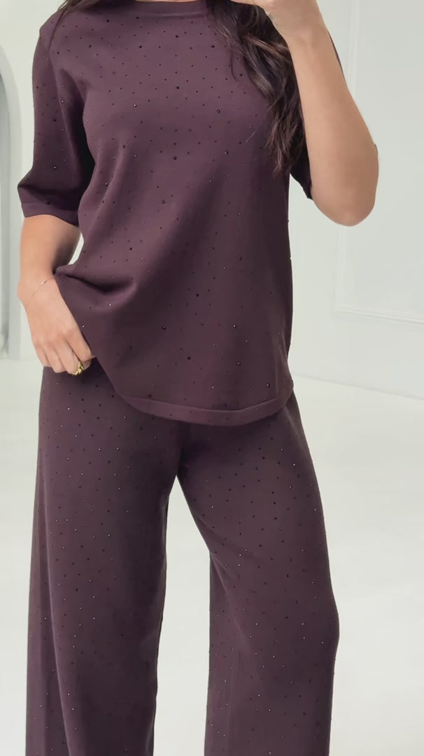 Kenzia Diamante Wide Leg Knit Pants - Chocolate Brown