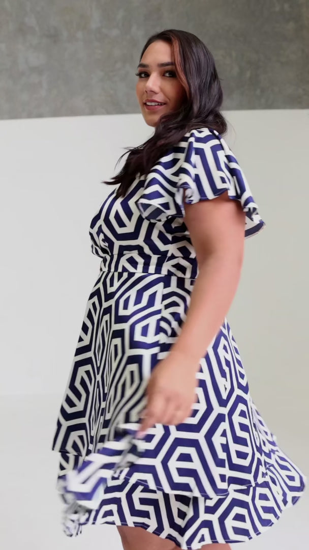 Cobella Short Sleeve Dress - Blue Cream Geometric Print